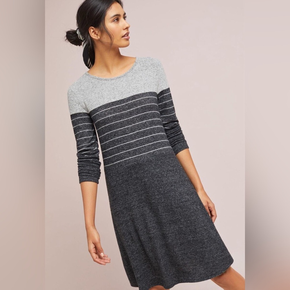 Ella Mara Anthropologie Gray Striped LS Sweater Dress Size Large Petite USA NWT